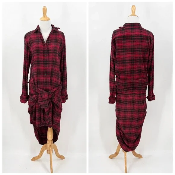 R13 Tie Flannel Midi Shirt Dress Women XS Red Black Plaid Grunge Asymmetric - Picture 4 of 16